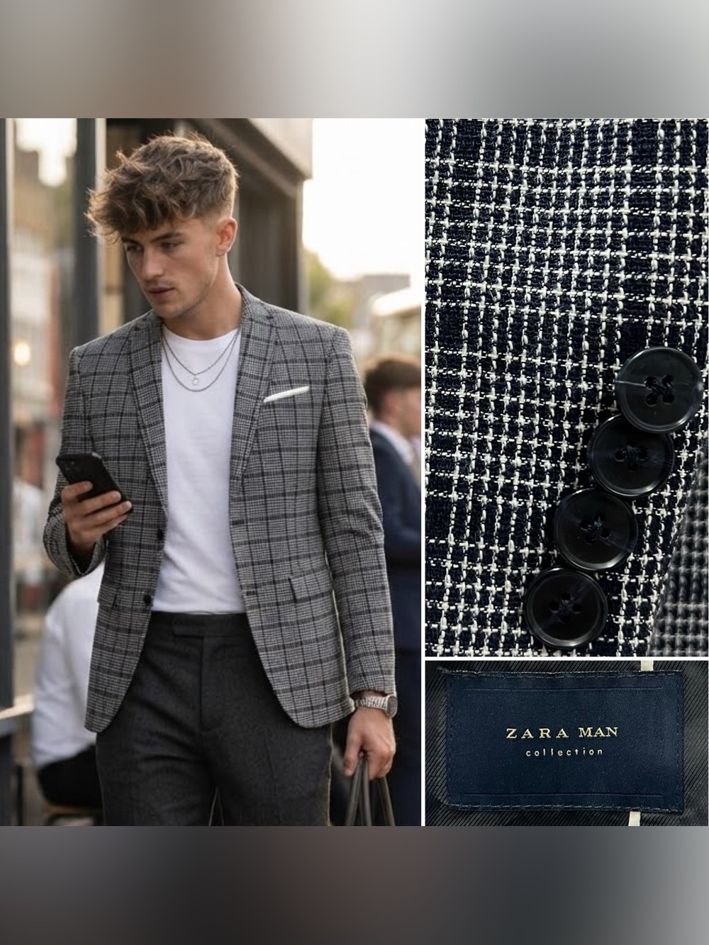 Zara Man Collection Men's 38 Slim Fit Navy White Plaid Hopsack Blazer Jacket